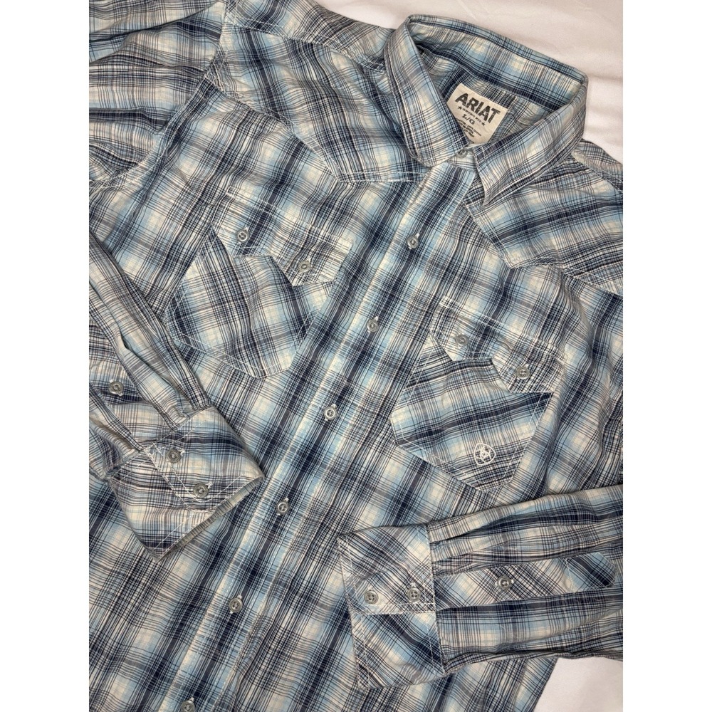 Ariat Retro Fit Long Sleeve Button Up Shirt Men's Large Blue Plaid Western Rodeo